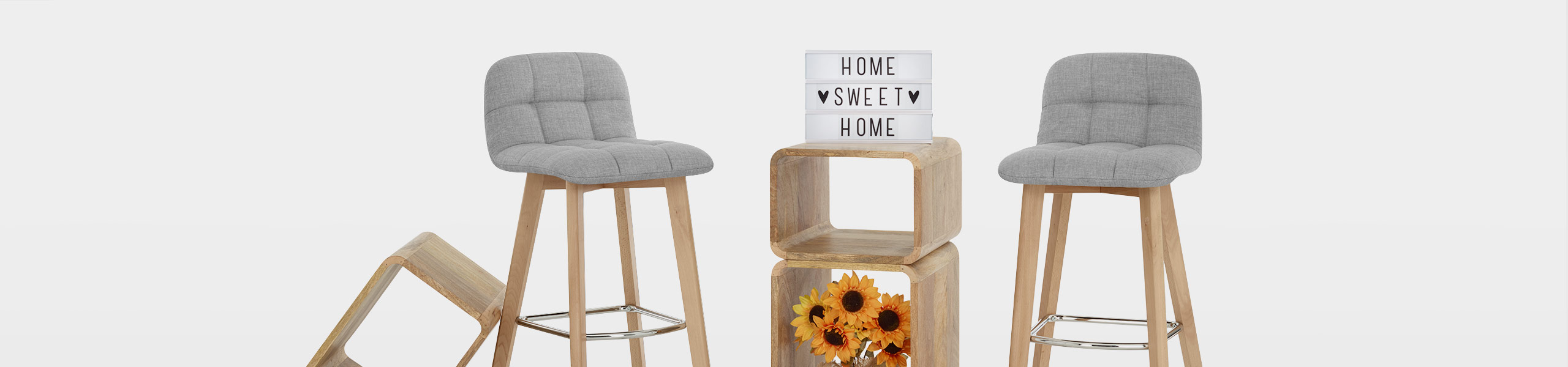 Hex Wooden Stool Grey Fabric Video Banner