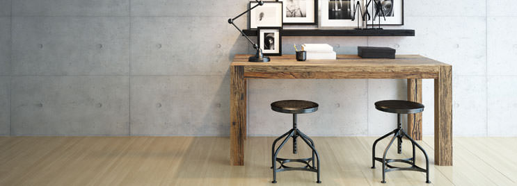Industrial Style Stools at Wooden Desk with Photoframes