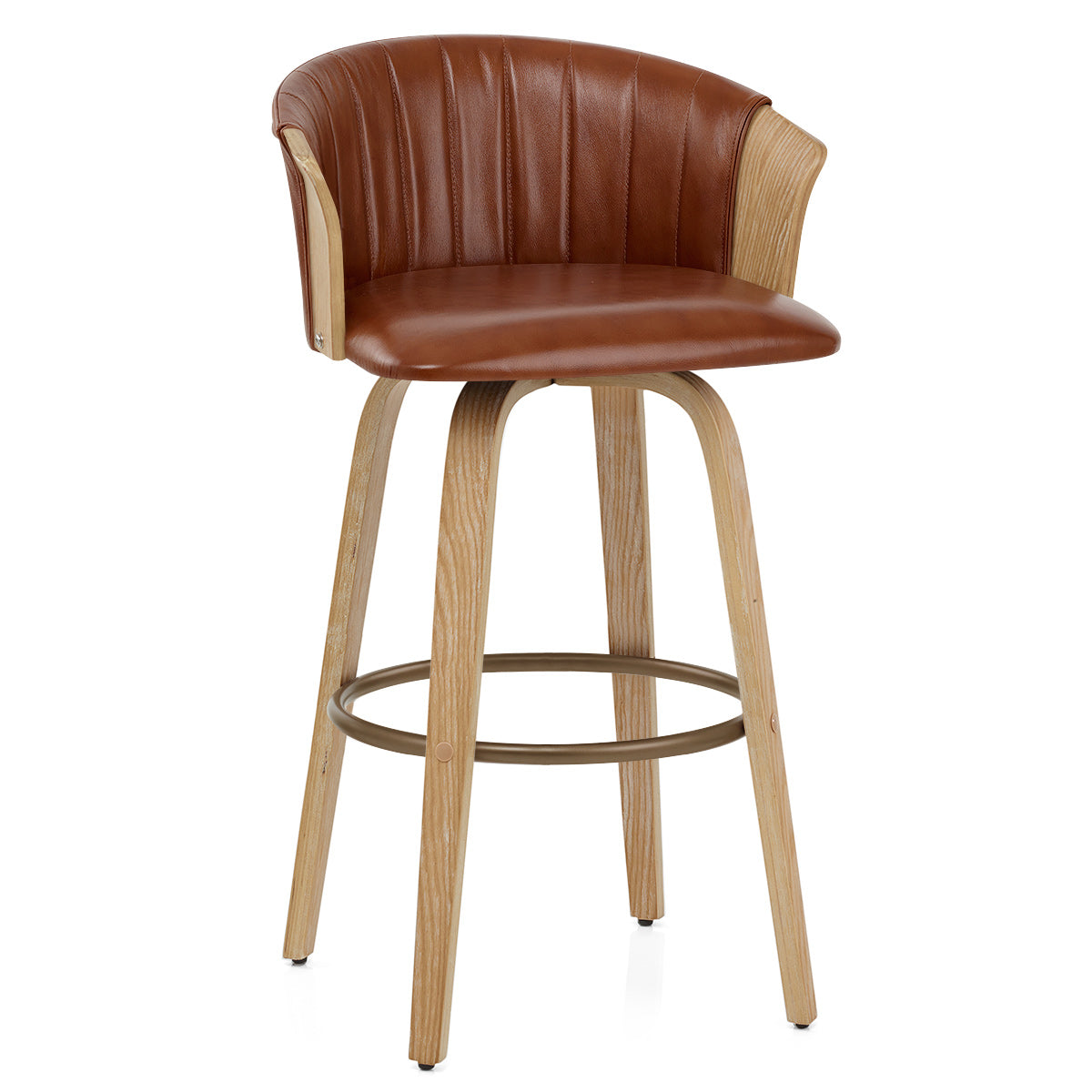 Coral Bar Stool Oak & Brown Real Leather