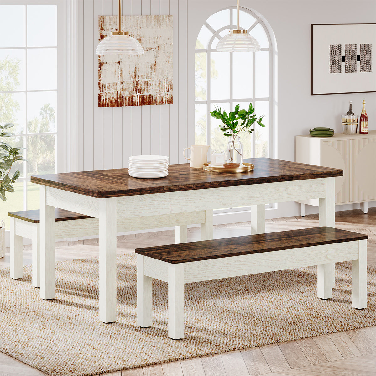 Windermere Dining Bench Set White & Walnut