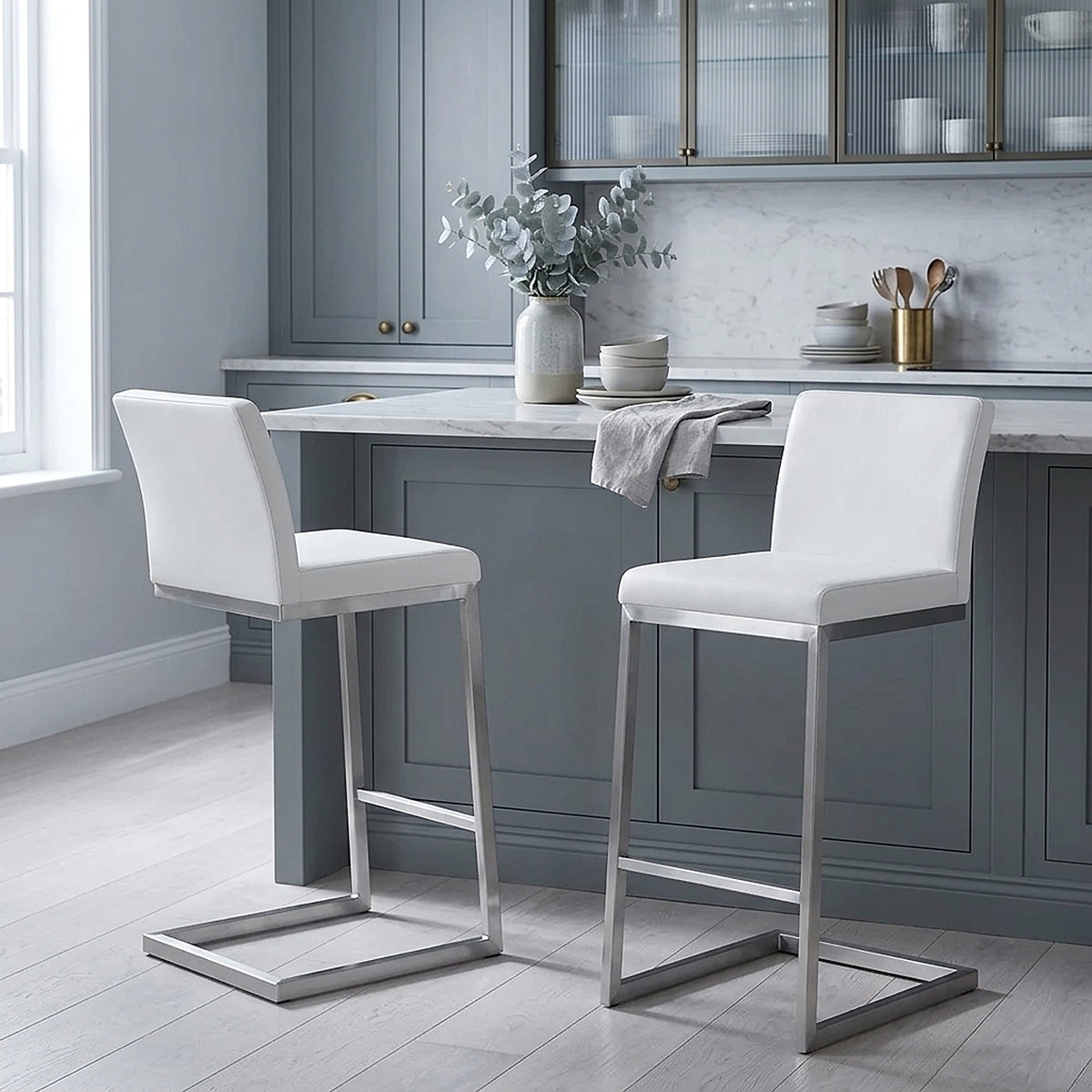 Ace Brushed Steel Stool White