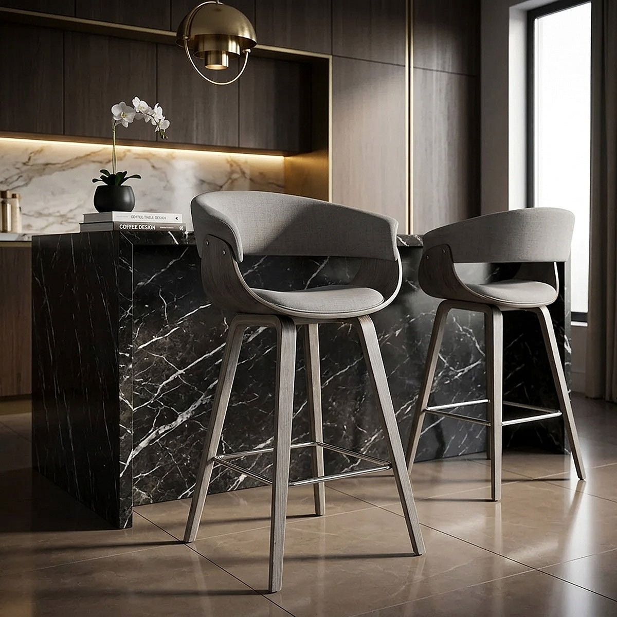 Alexis Wooden Stool Grey Fabric