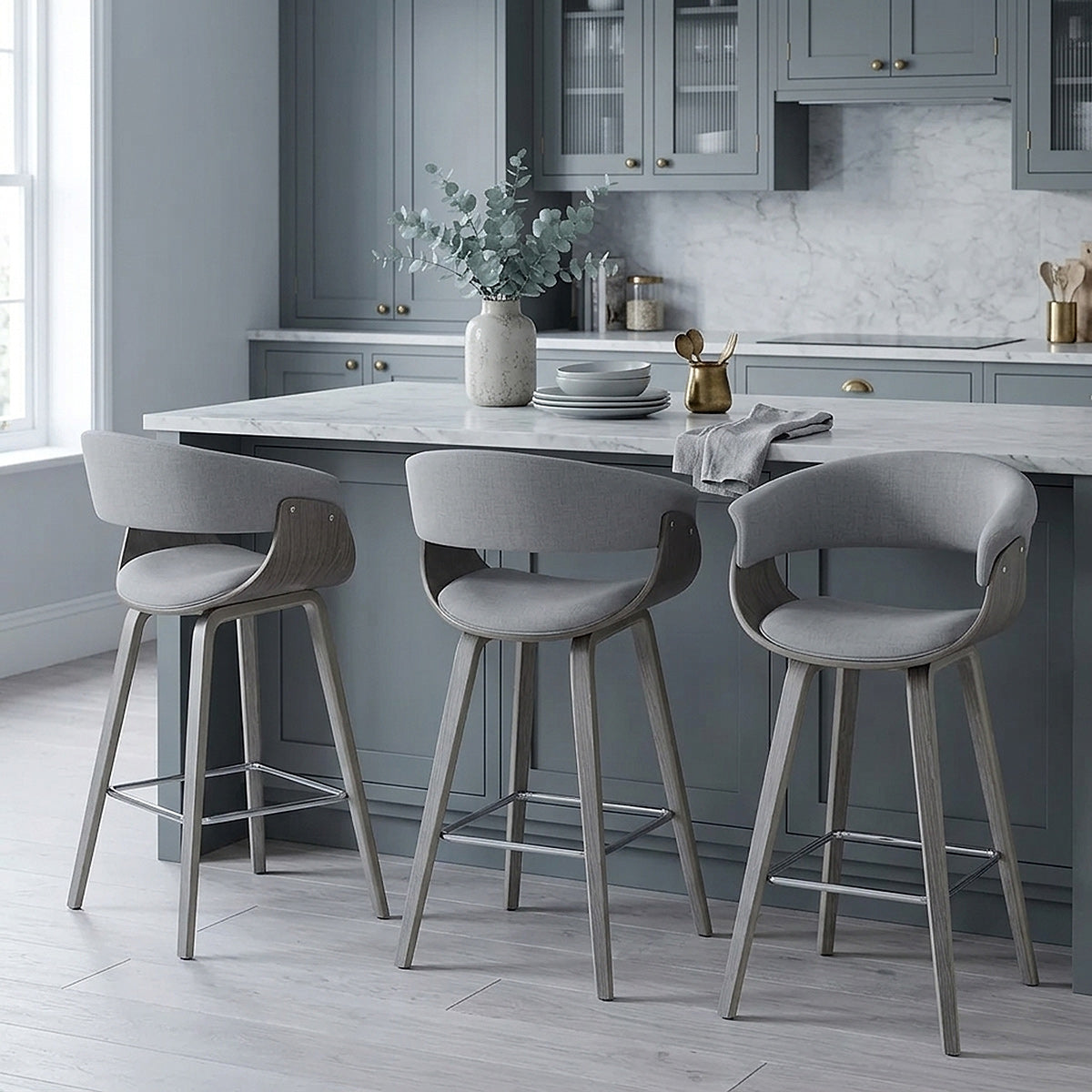 Alexis Wooden Stool Grey Fabric