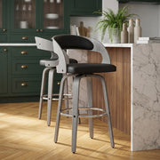 Alicia Grey Wooden Stool Black Real Leather