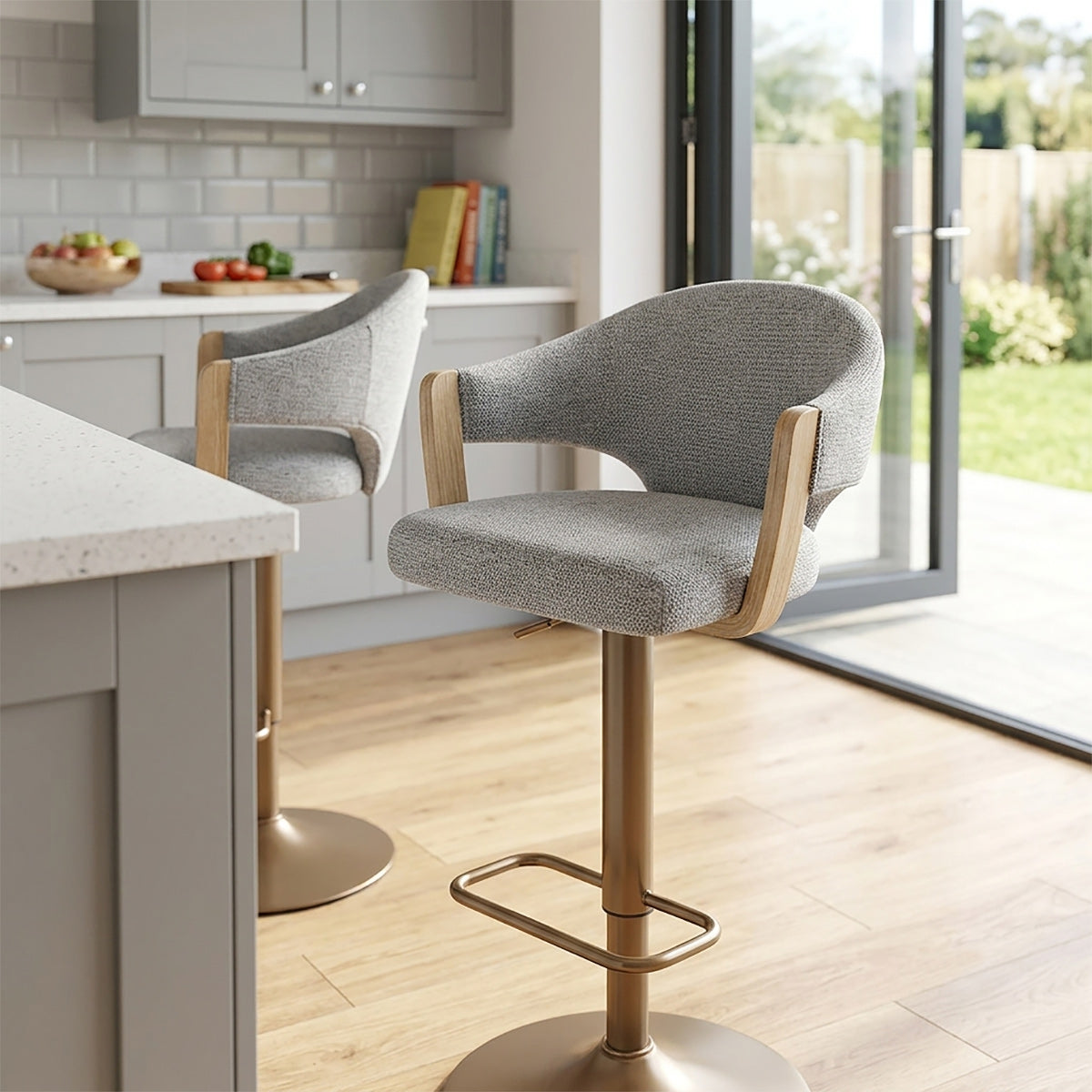 Arco Copper Bar Stool Grey Fabric