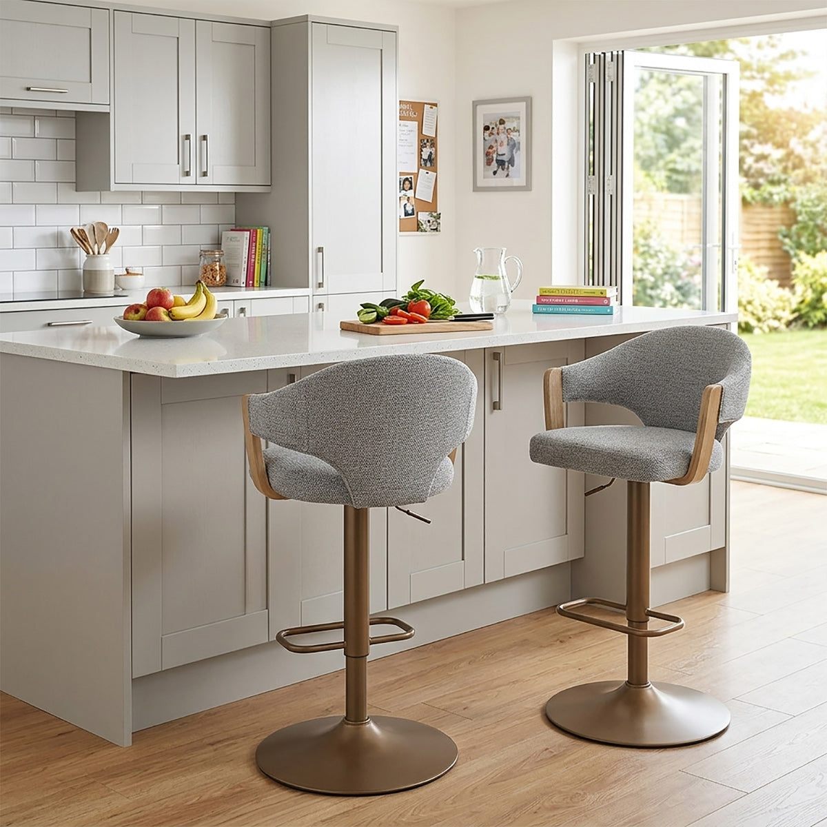 Arco Copper Bar Stool Grey Fabric