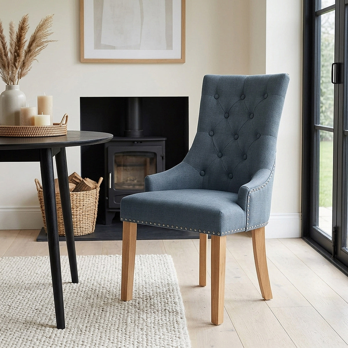 Ascot Oak Dining Chair Blue Fabric