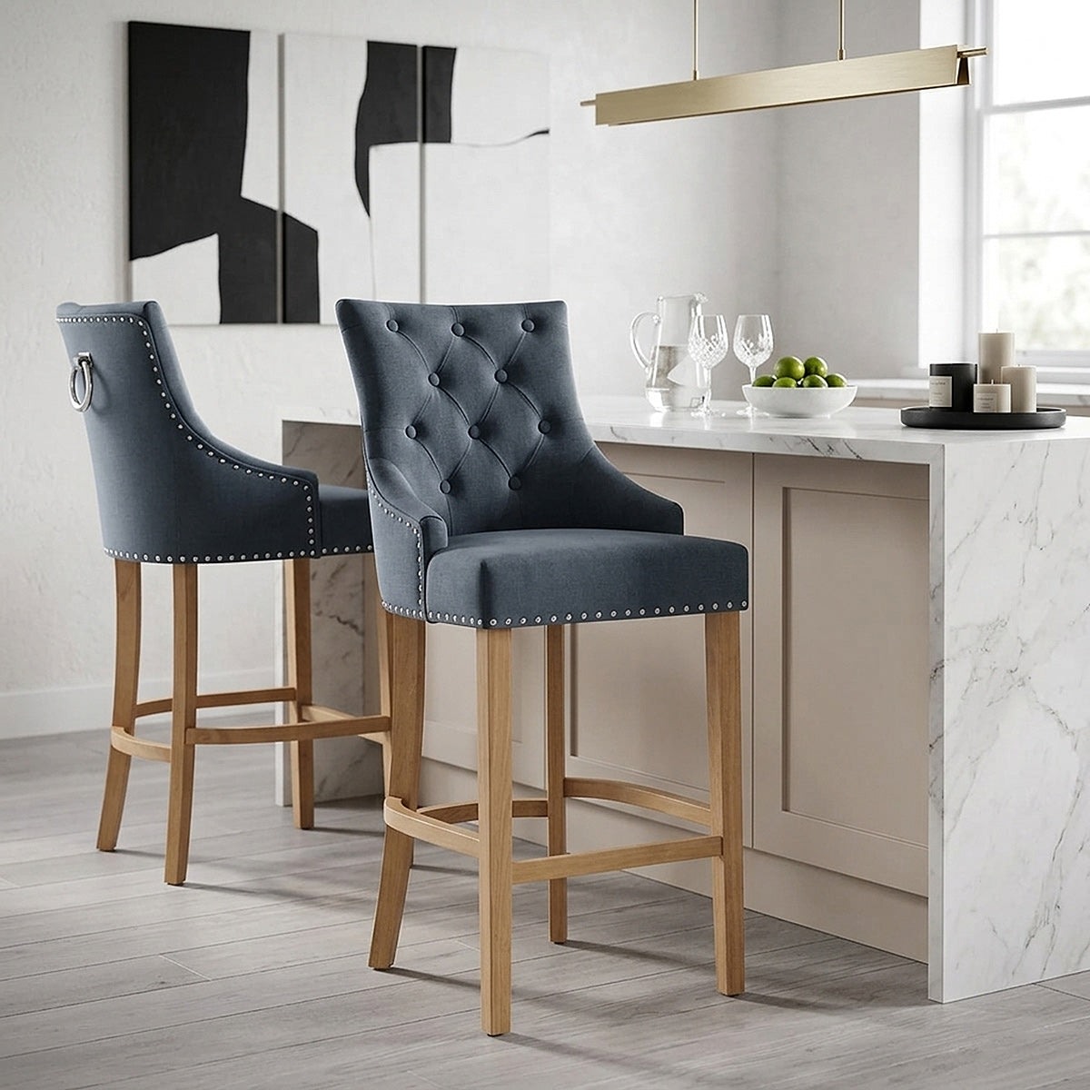 Ascot Oak Stool Blue Fabric