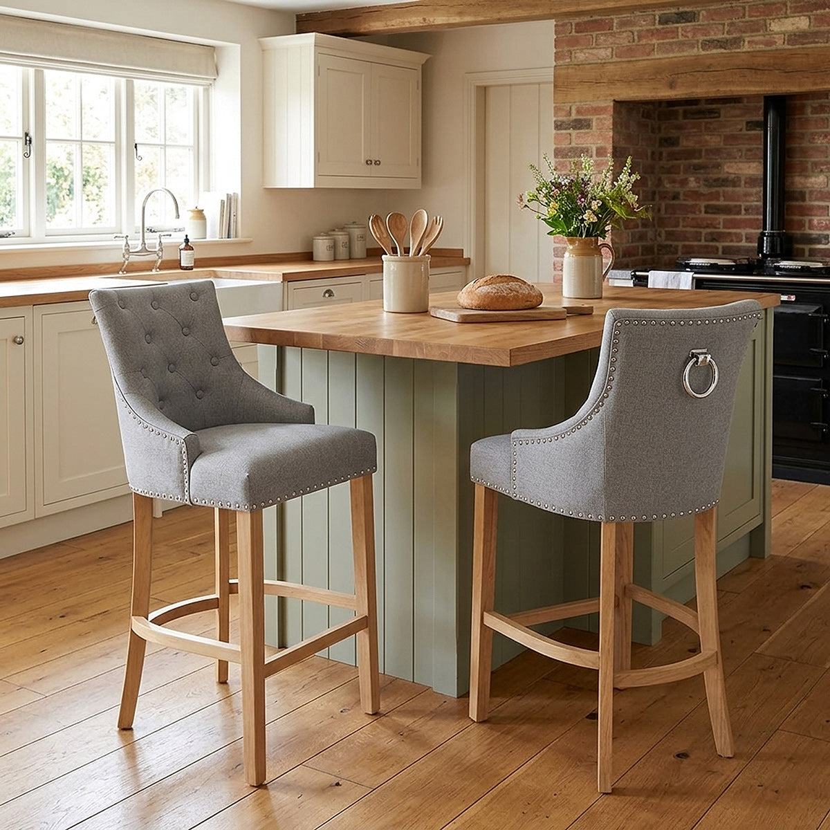Ascot Oak Stool Grey Fabric