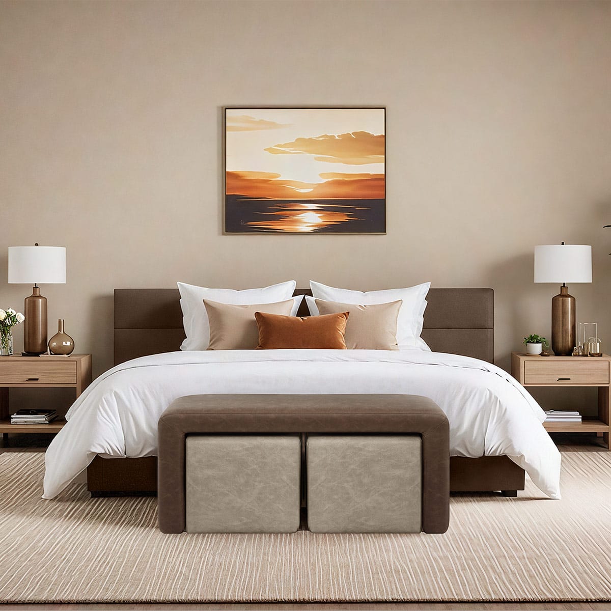 Buddy Beige Ottoman & Brown Bench Set