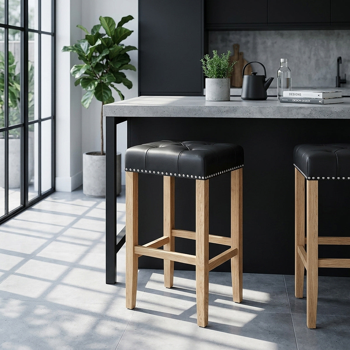 Chelsea Oak Stool Black Leather