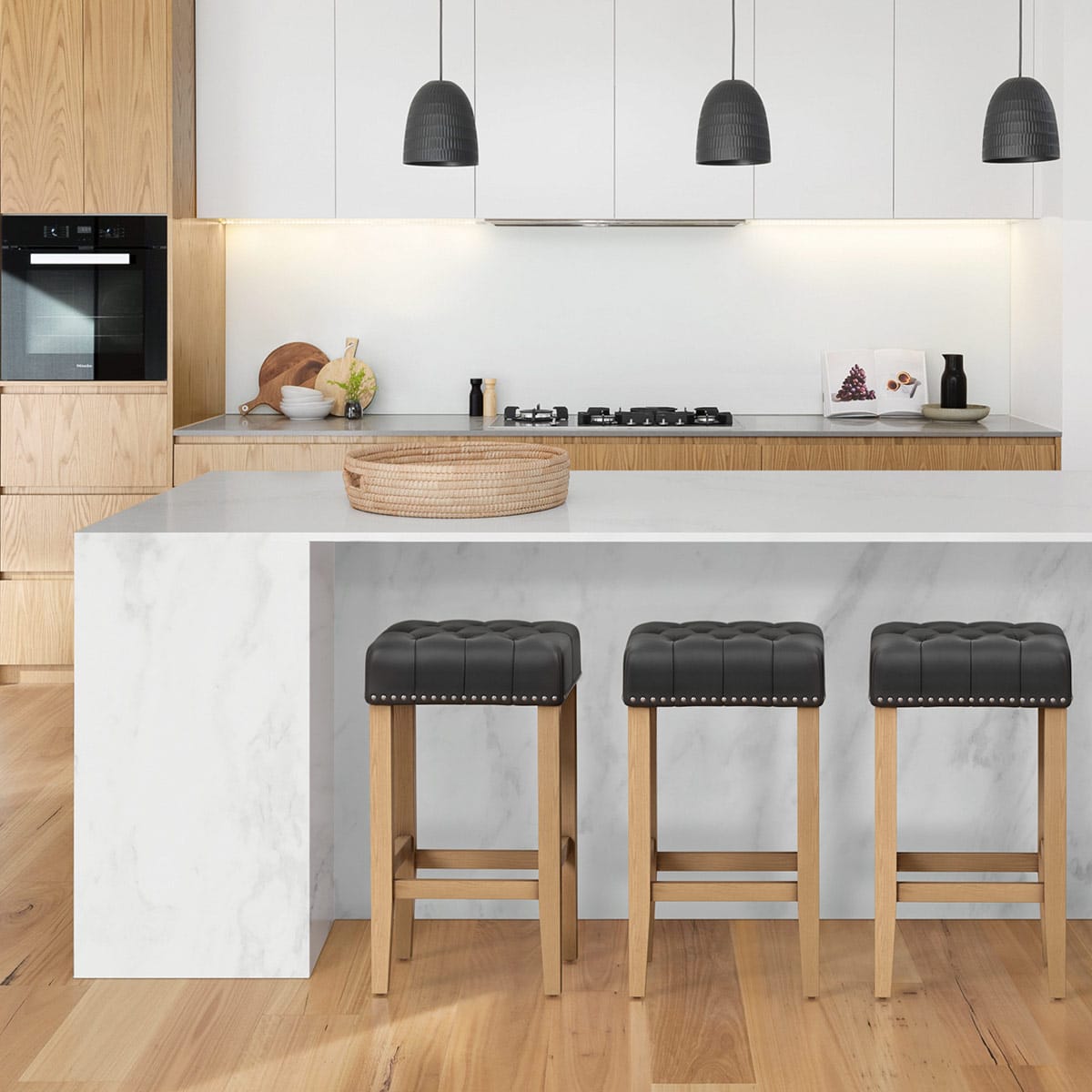 Chelsea Oak Stool Black Leather