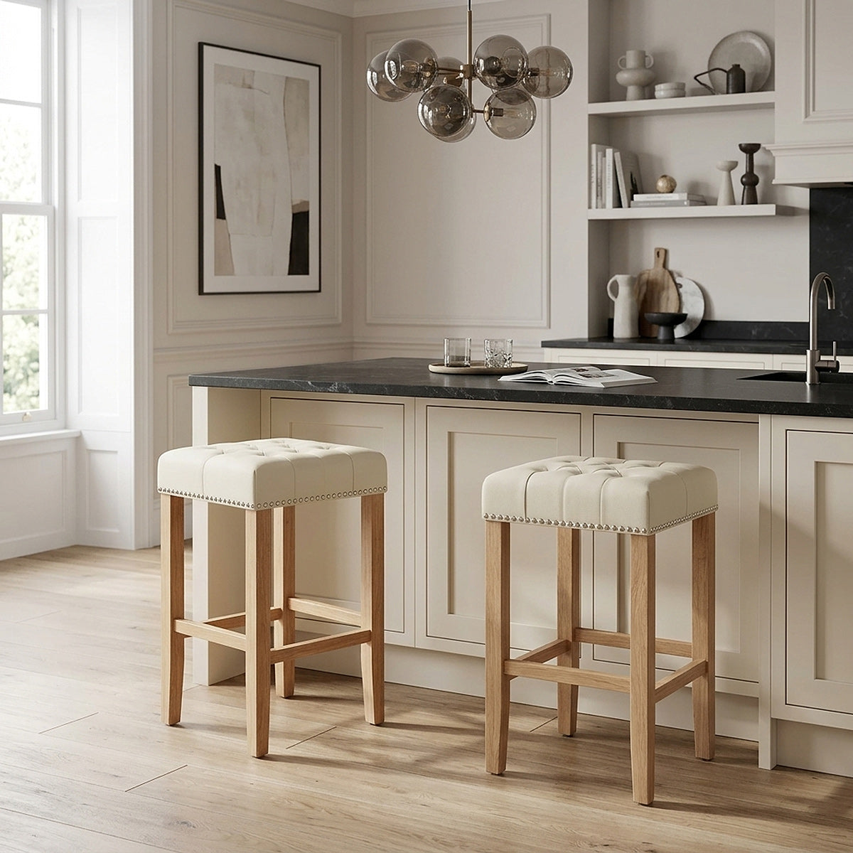 Chelsea Oak Stool Cream Leather