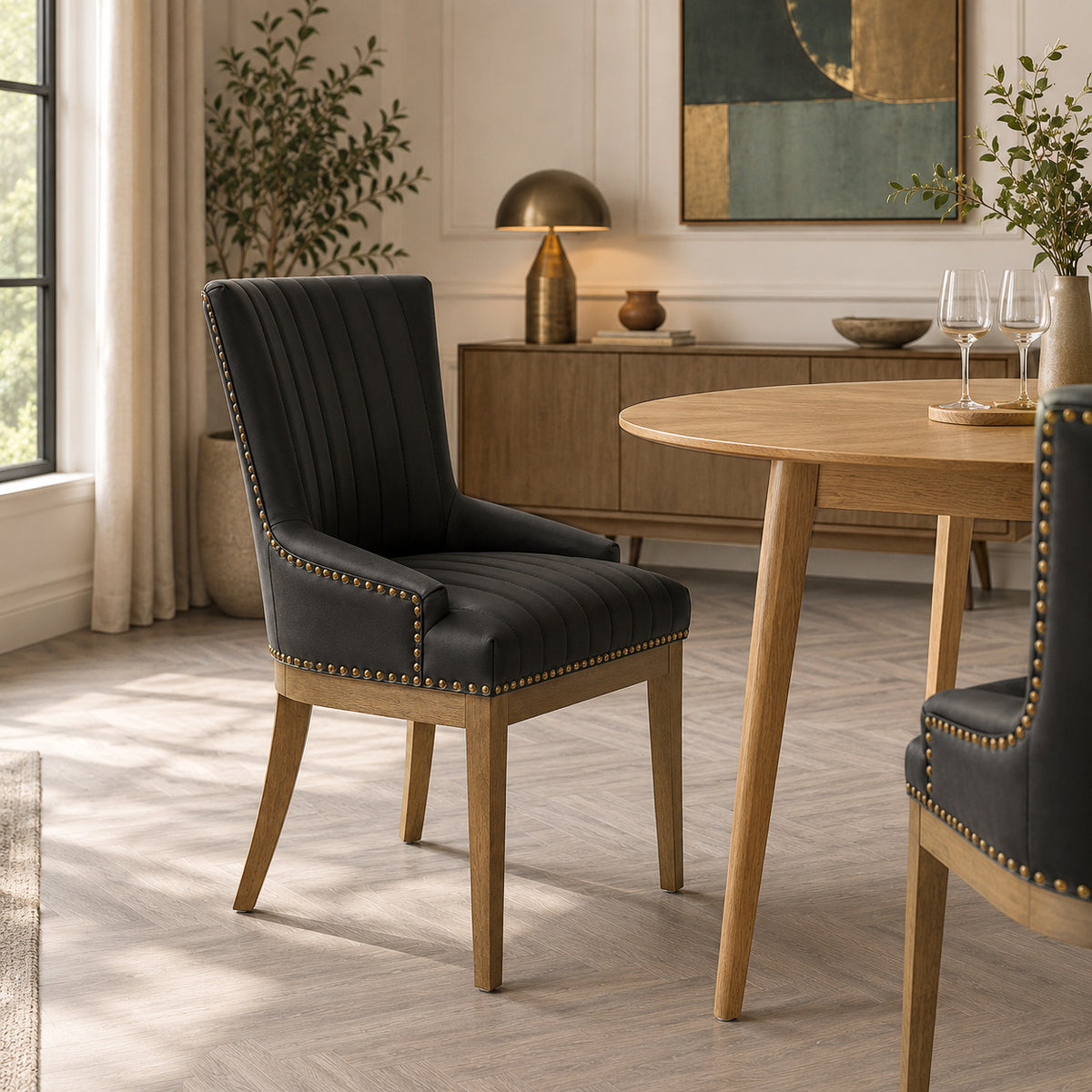 Chiltern Oak Dining Chair Black Leather