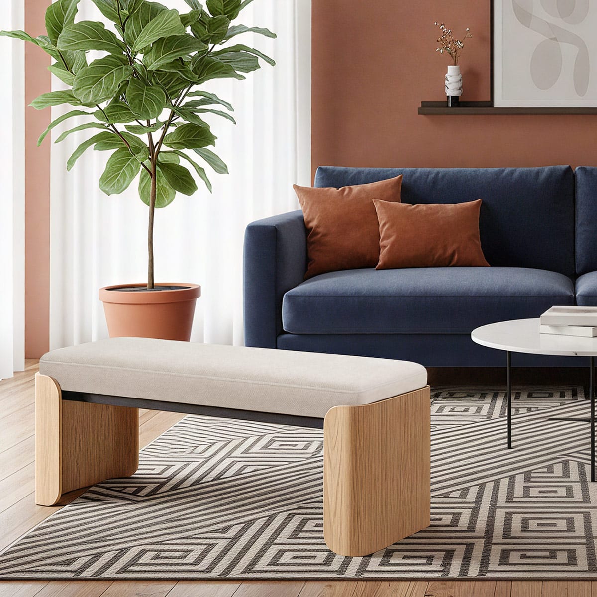 Clifton Oak Bench Beige Fabric