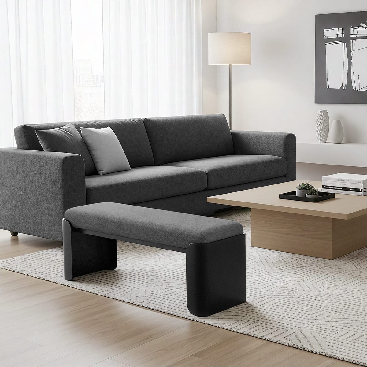 Clifton Wooden Bench Charcoal Fabric