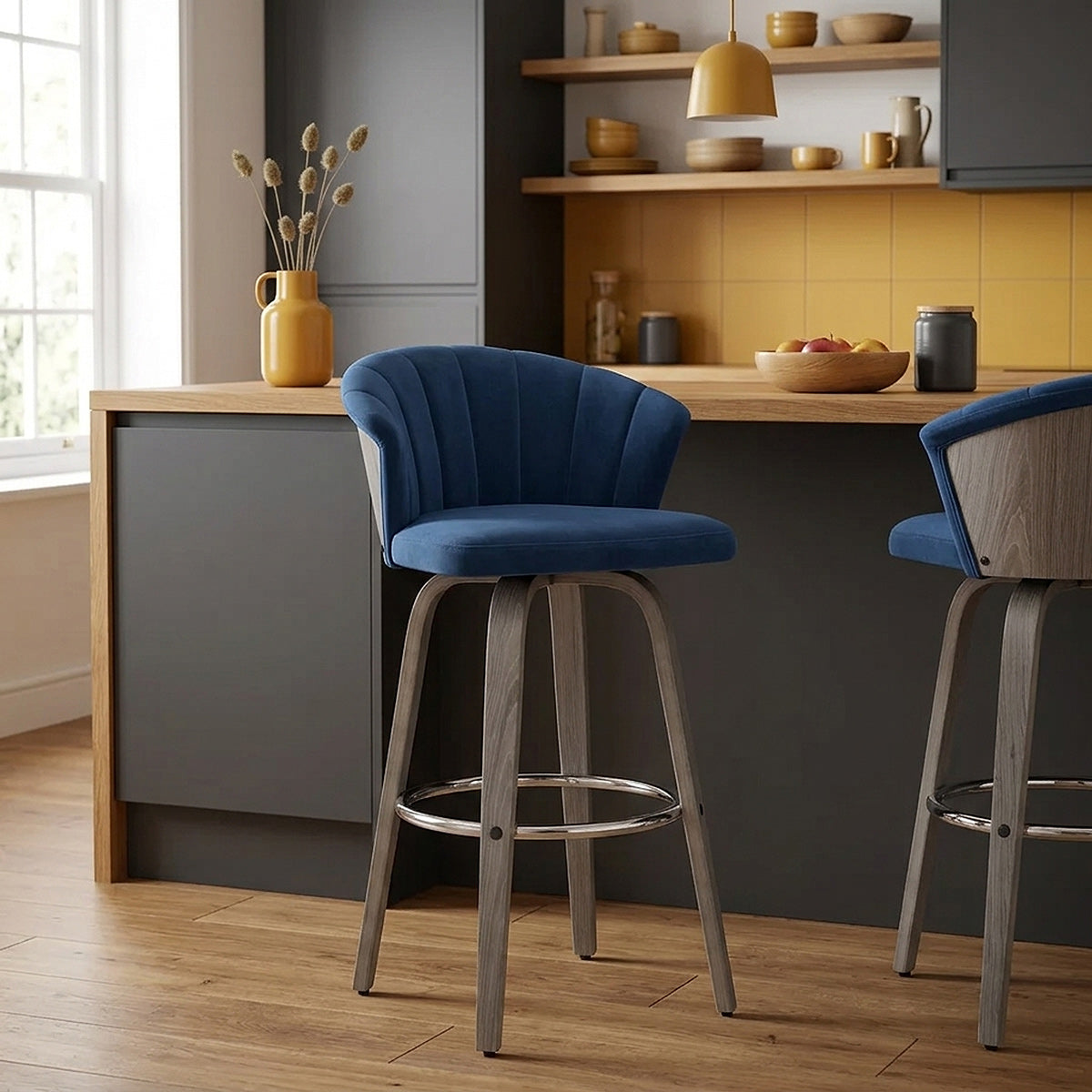 Concerto Wooden Stool Blue Velvet