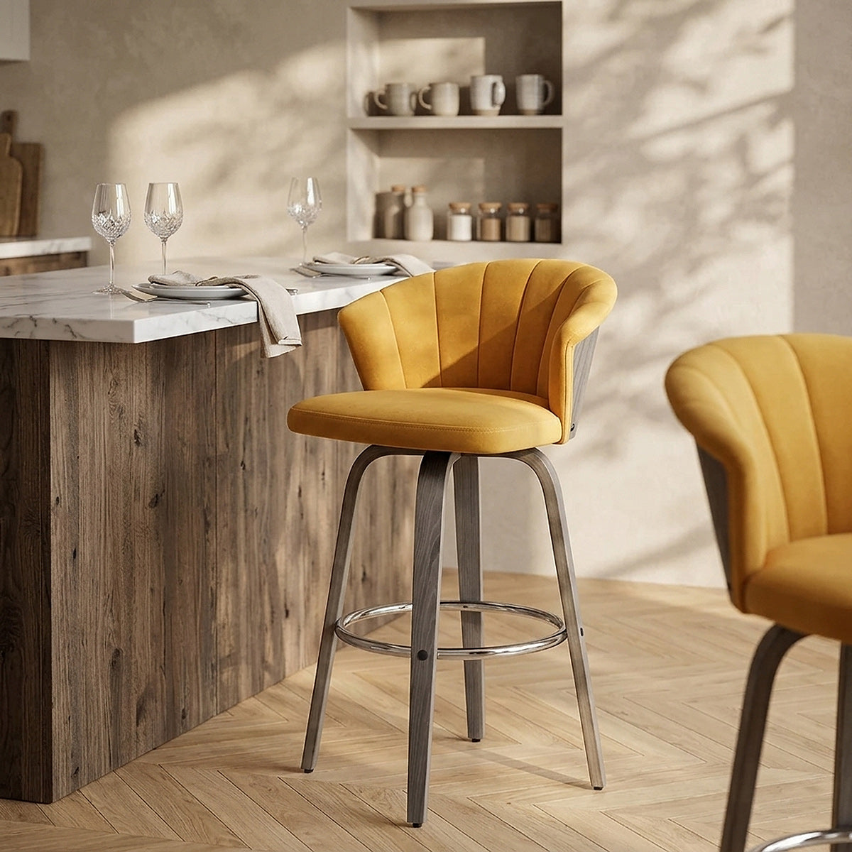 Concerto Wooden Stool Mustard Velvet