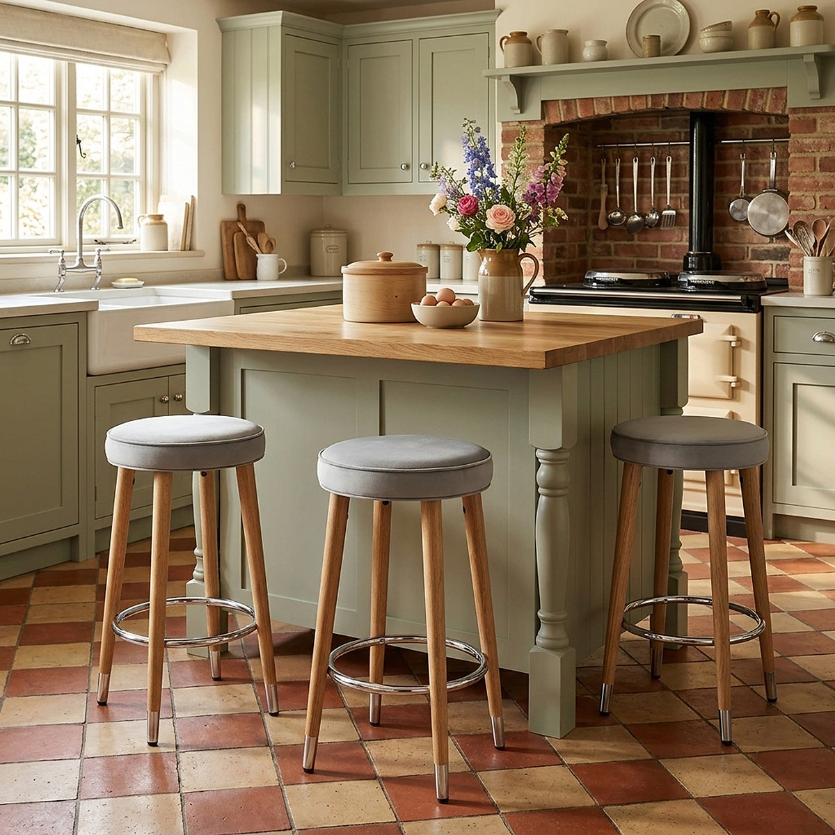 Conrad Oak Stool Grey Velvet
