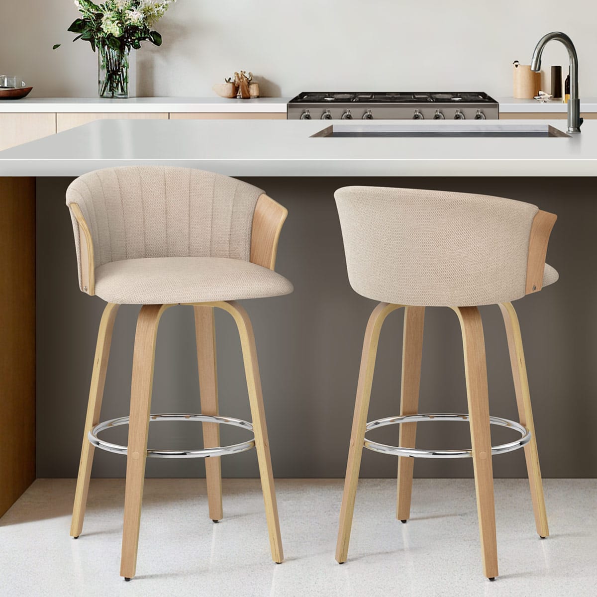 Coral Bar Stool Oak & Beige Fabric