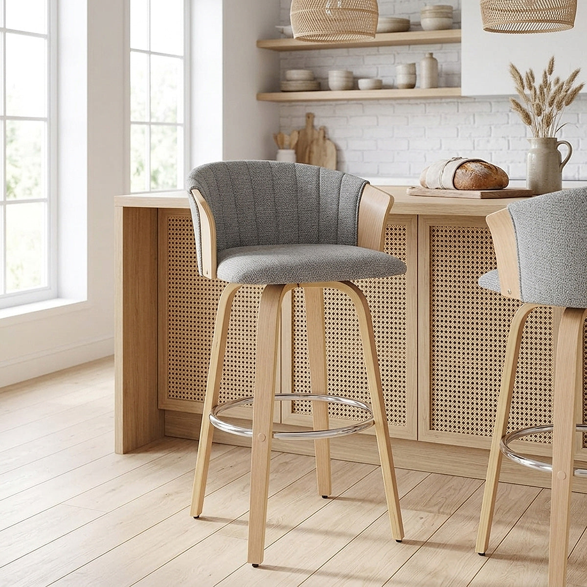 Coral Bar Stool Oak & Charcoal Fabric