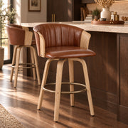 Coral Bar Stool Oak & Brown Real Leather
