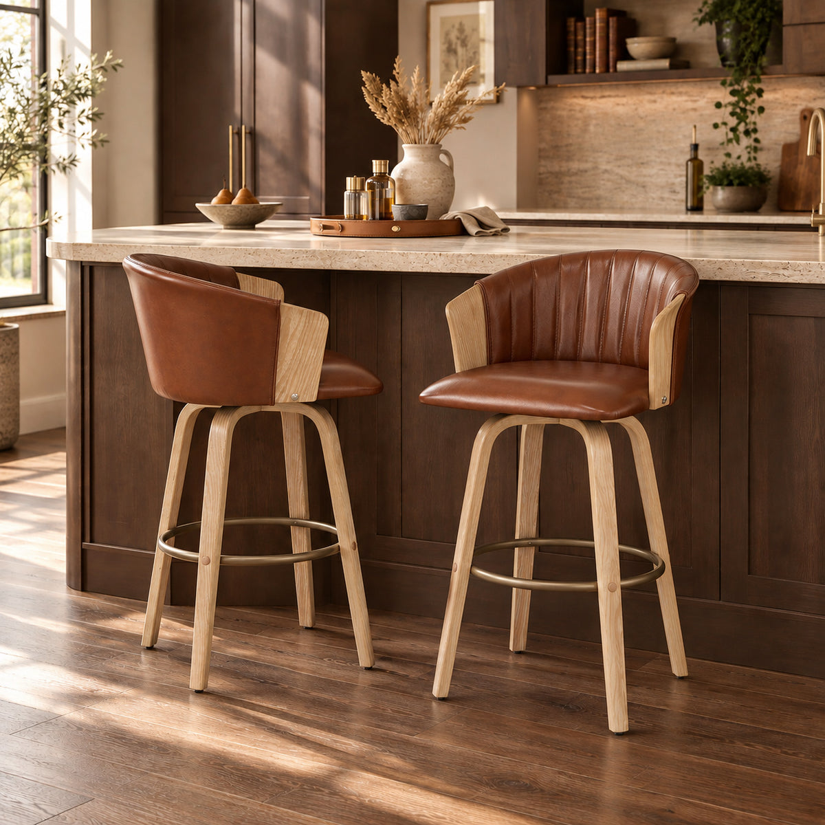 Coral Bar Stool Oak & Brown Real Leather