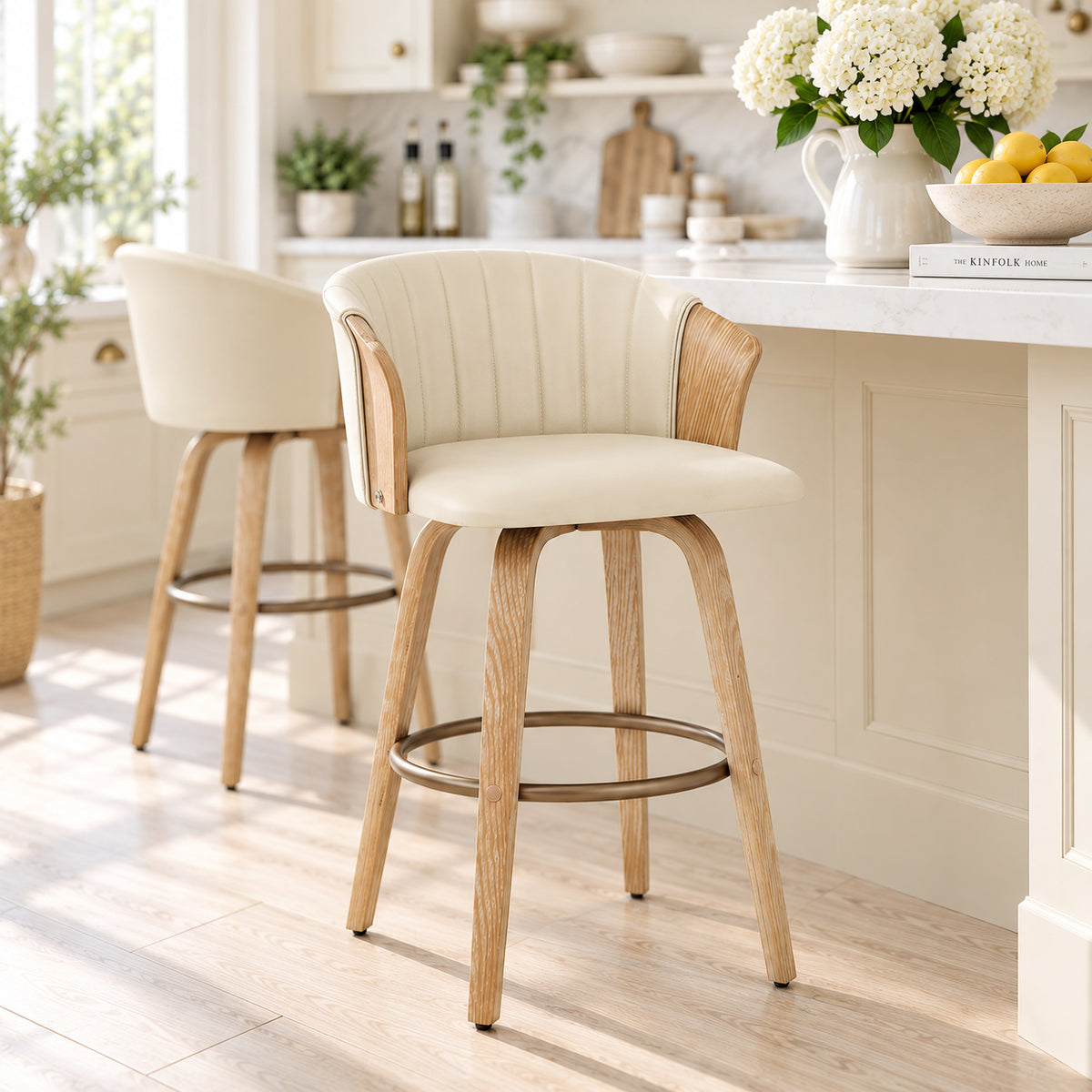 Coral Bar Stool Oak & Cream Real Leather