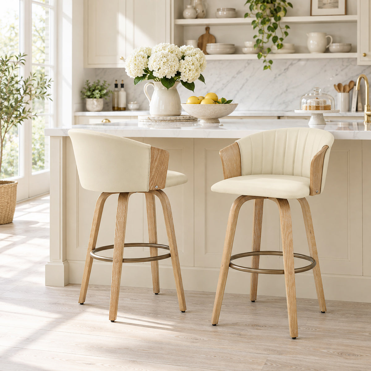 Coral Bar Stool Oak & Cream Real Leather