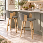 Coral Bar Stool Oak & Grey Real Leather