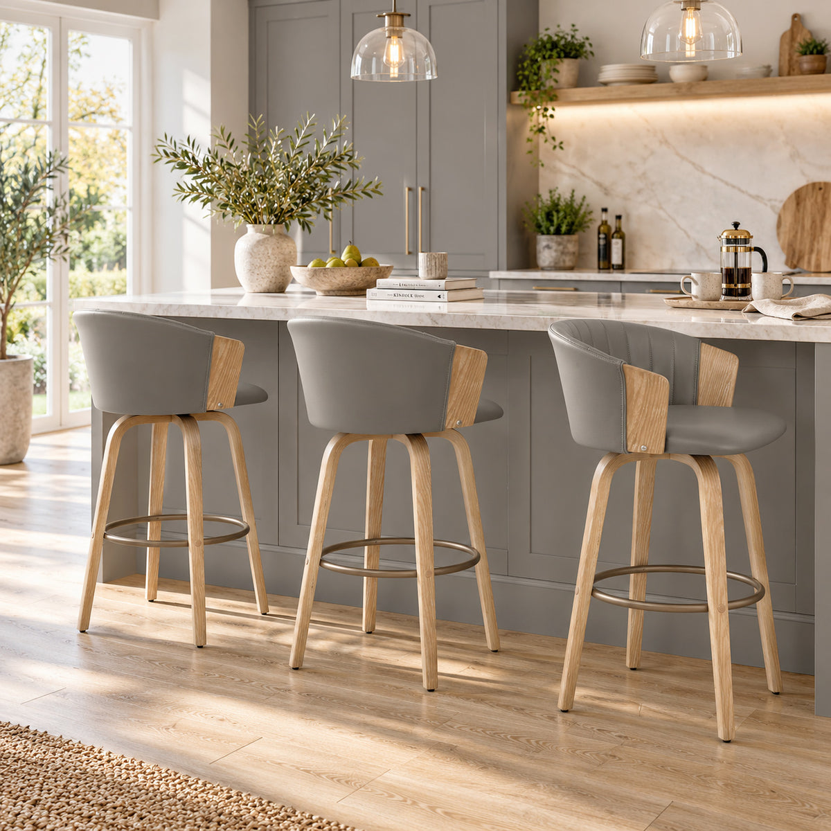 Coral Bar Stool Oak & Grey Real Leather