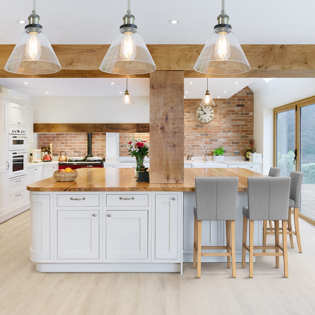 Cornell Oak Bar Stool Light Grey Fabric