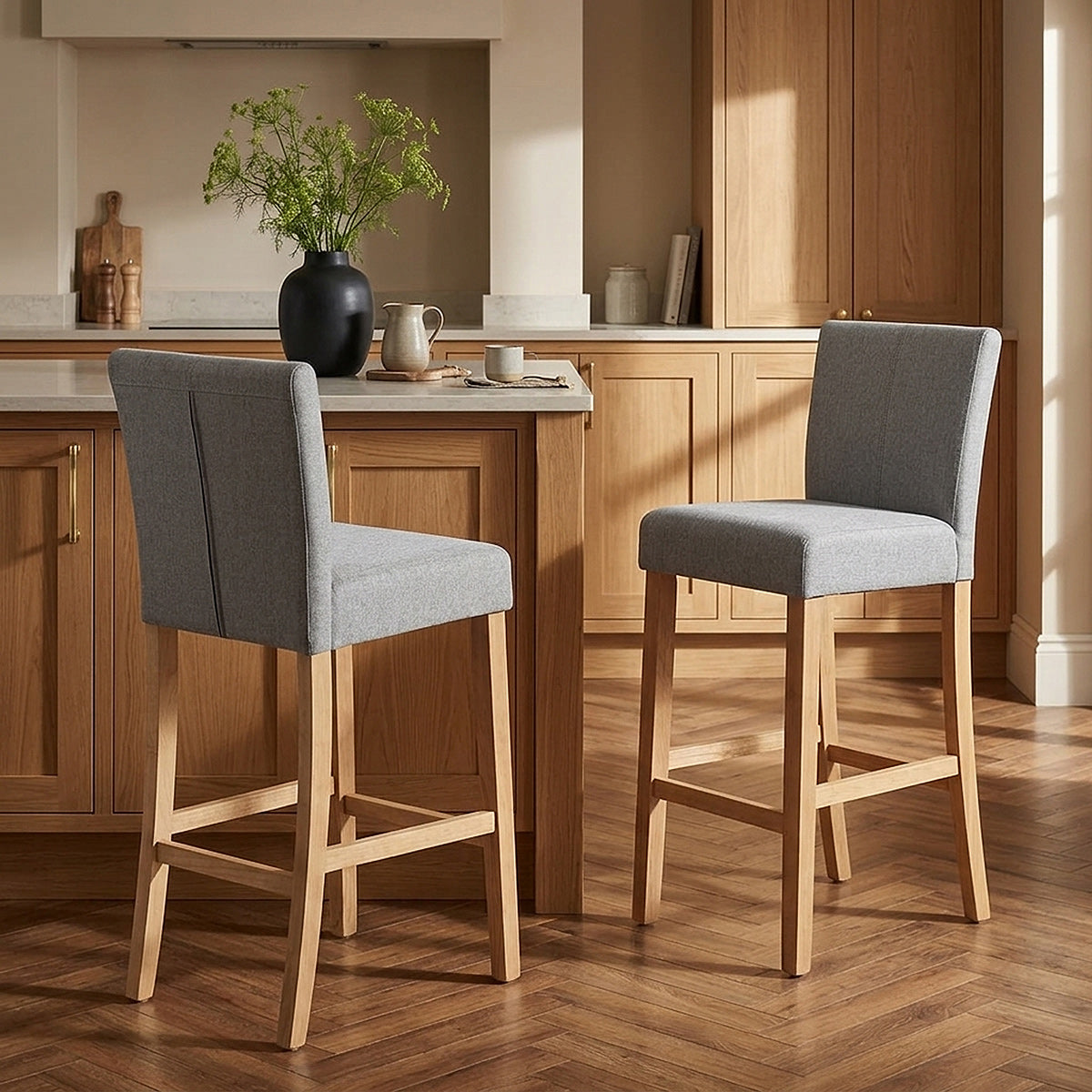 Cornell Oak Bar Stool Light Grey Fabric