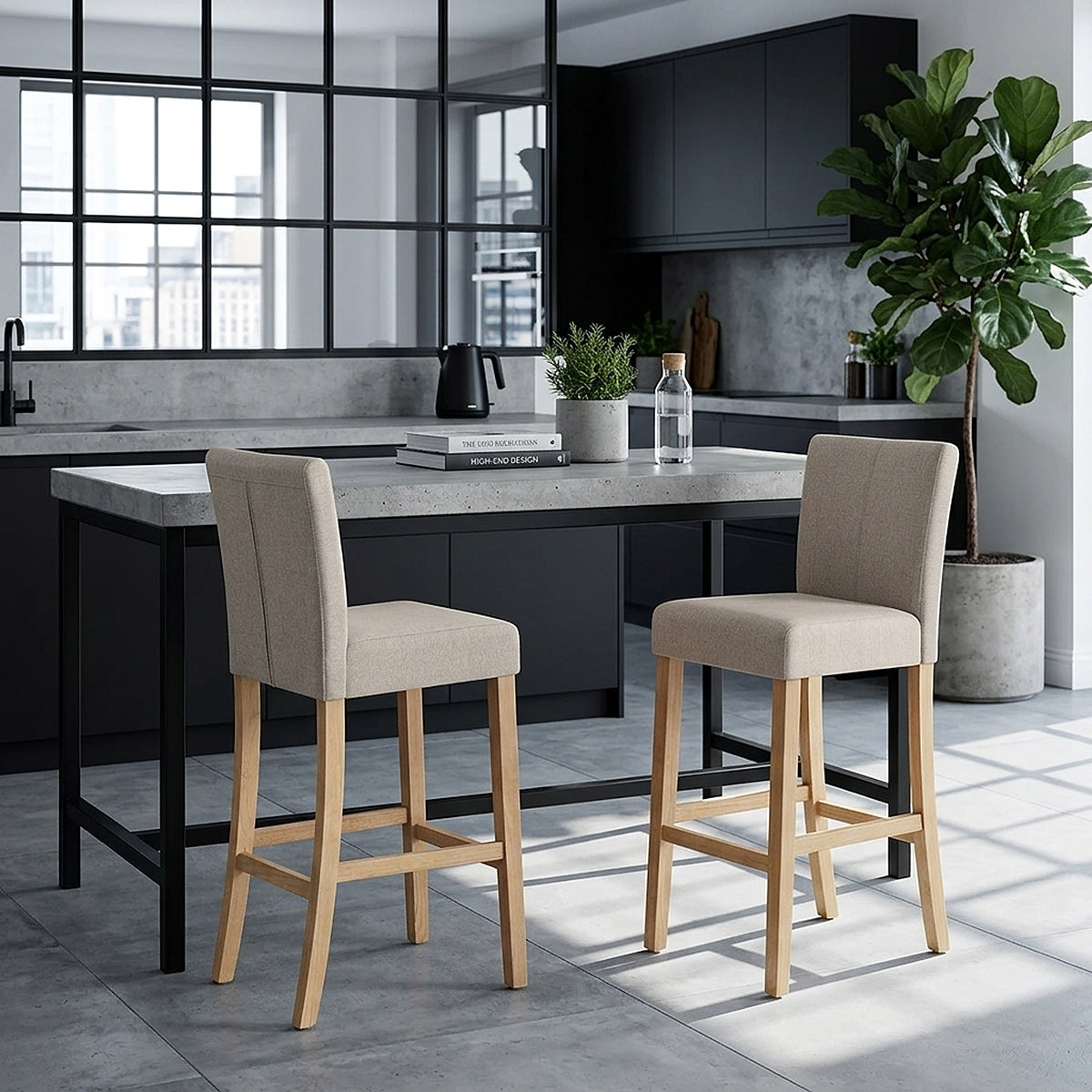 Cornell Oak Bar Stool Tweed Fabric