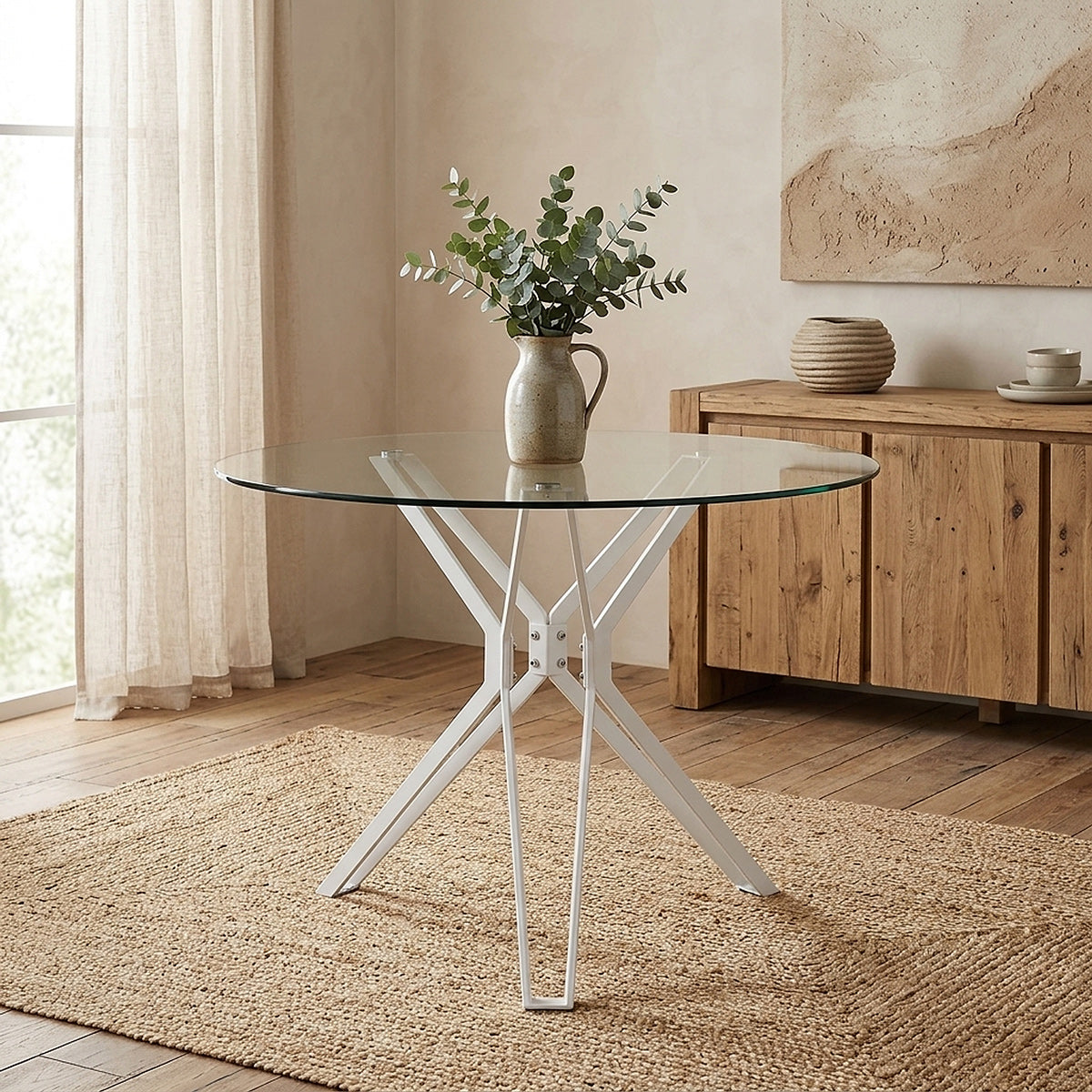 Deco 100cm White Round Glass Table & 4 Mollie Chairs Dining Set