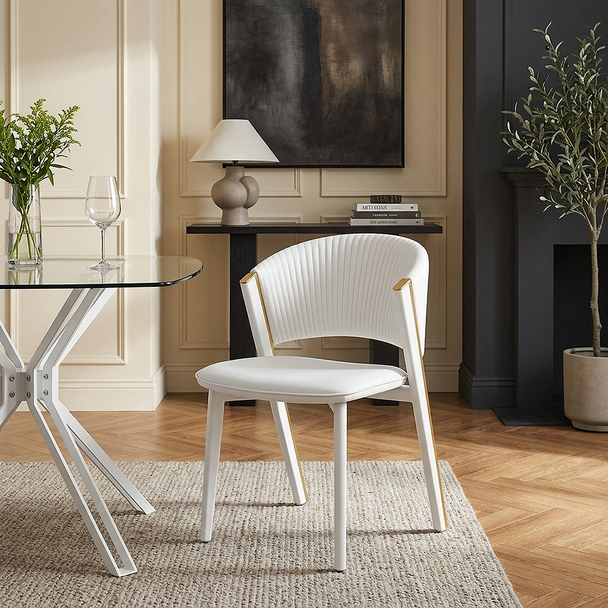 Deco 100cm White Square Glass Table & 4 Mollie Chairs Dining Set