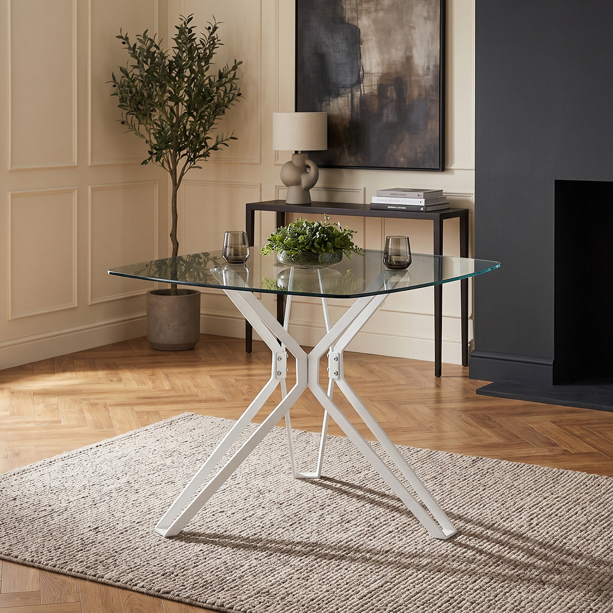 Deco 100cm White Square Glass Table & 4 Mollie Chairs Dining Set