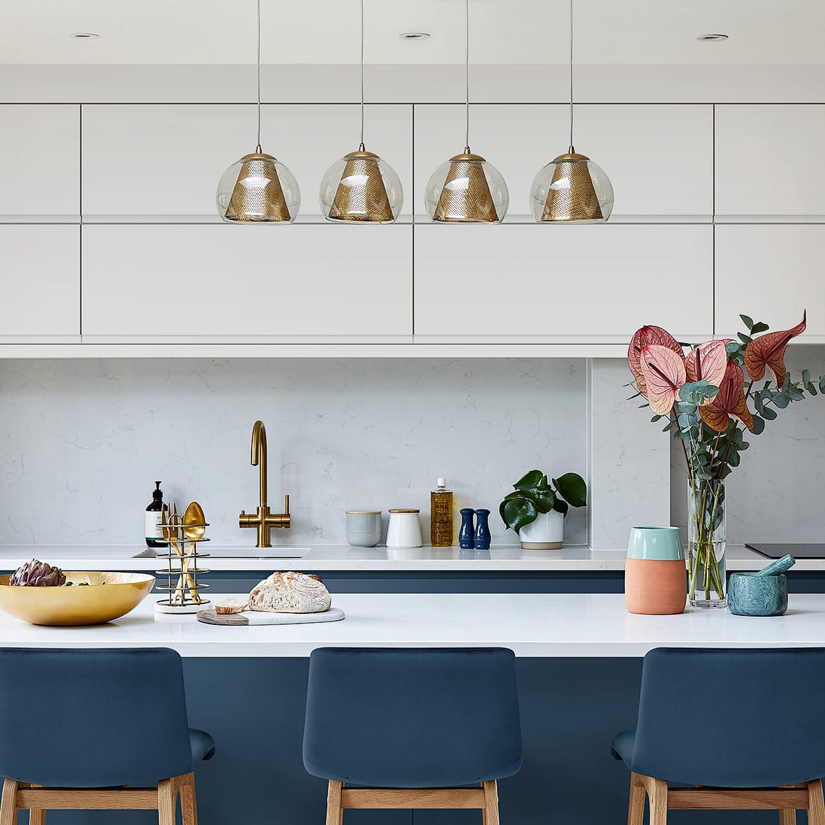 Drift Oak & Blue Velvet Stool