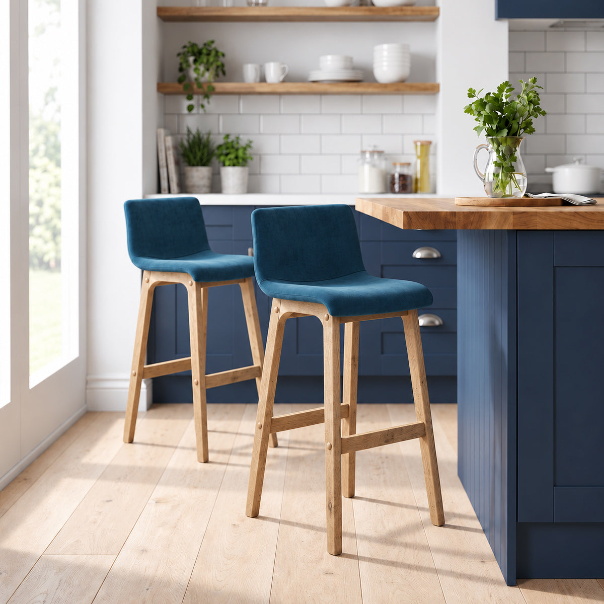Drift Oak & Blue Velvet Stool