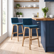Drift Oak & Blue Velvet Stool