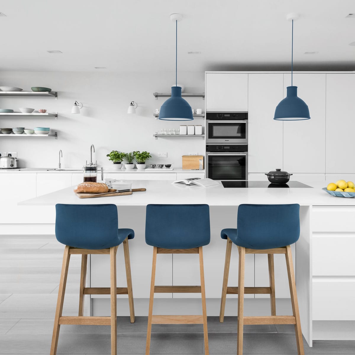 Drift Oak & Blue Velvet Stool