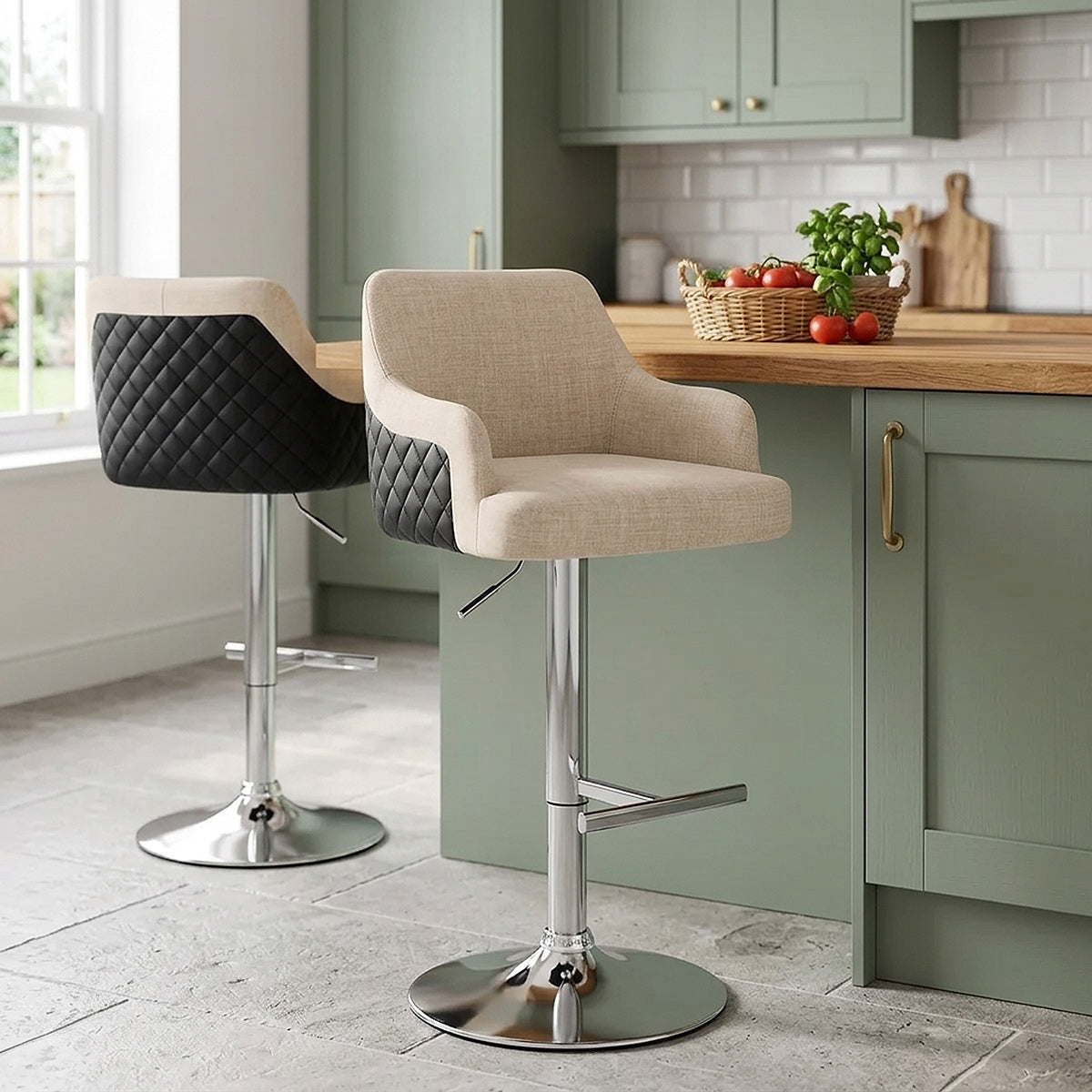 Dylan Stool Black Leather & Beige Fabric