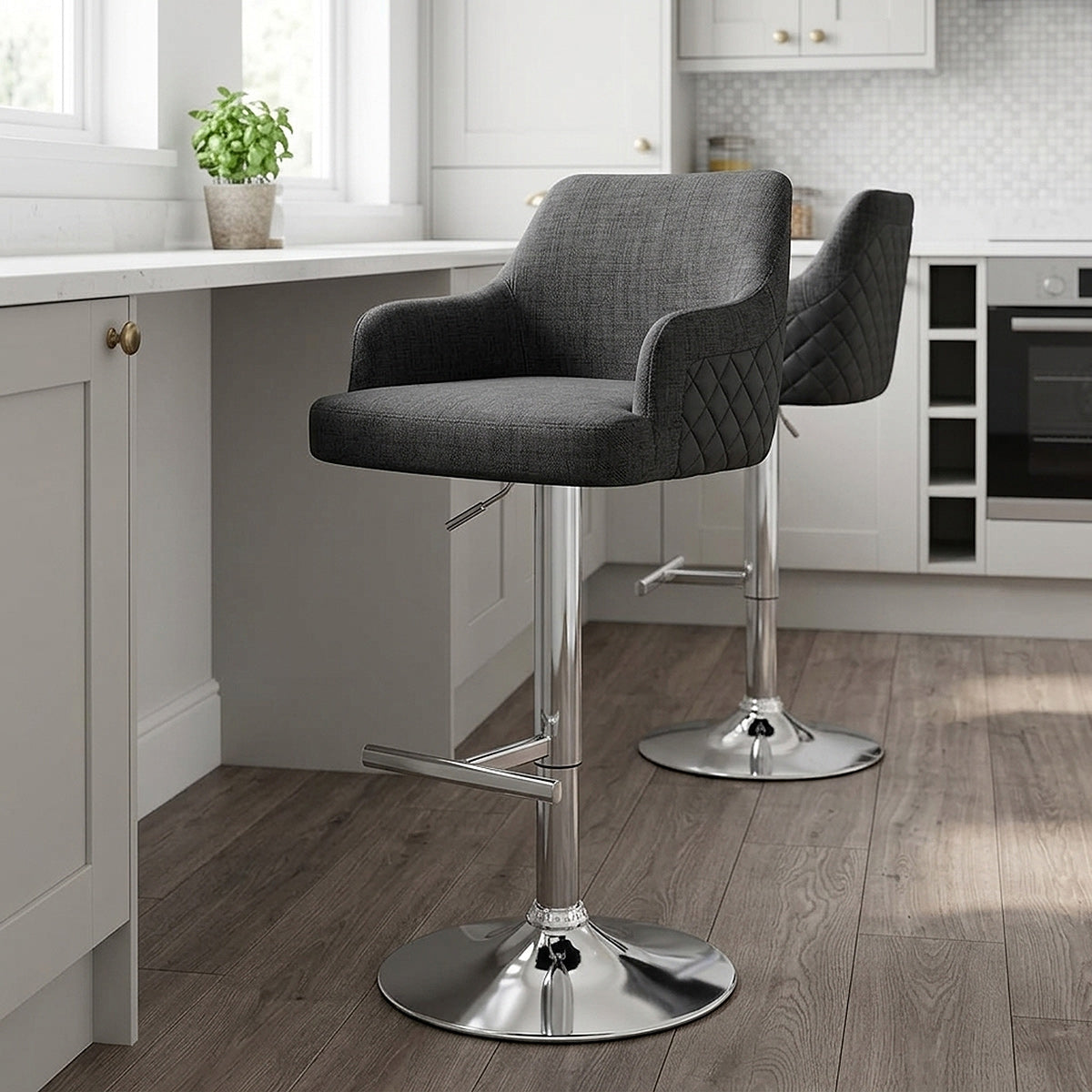 Dylan Stool Black Leather & Charcoal Fabric