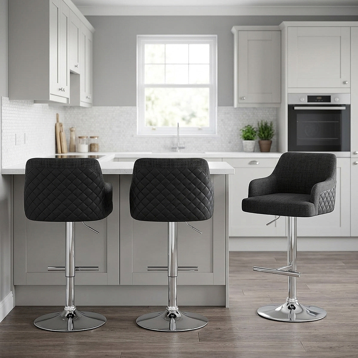 Dylan Stool Black Leather & Charcoal Fabric
