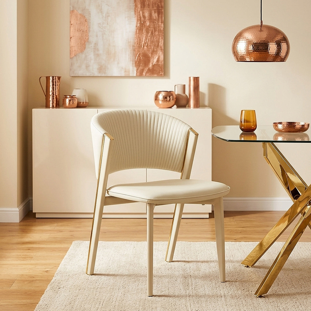 Echo 100cm Gold Glass Table & 4 Mollie Faux Leather Chairs Dining Set