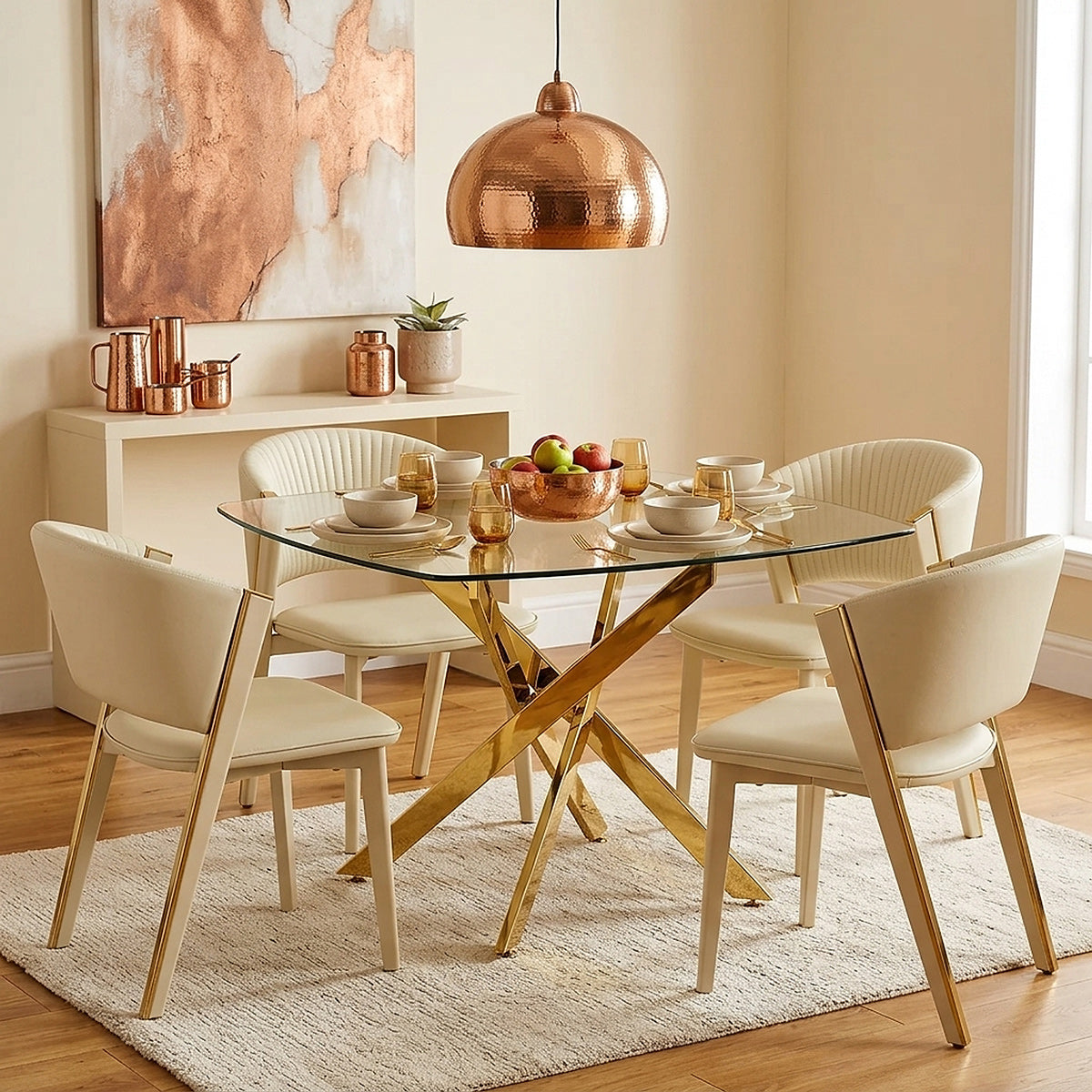 Echo 100cm Gold Glass Table & 4 Mollie Faux Leather Chairs Dining Set