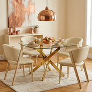 Echo 100cm Gold Glass Table & 4 Mollie Faux Leather Chairs Dining Set