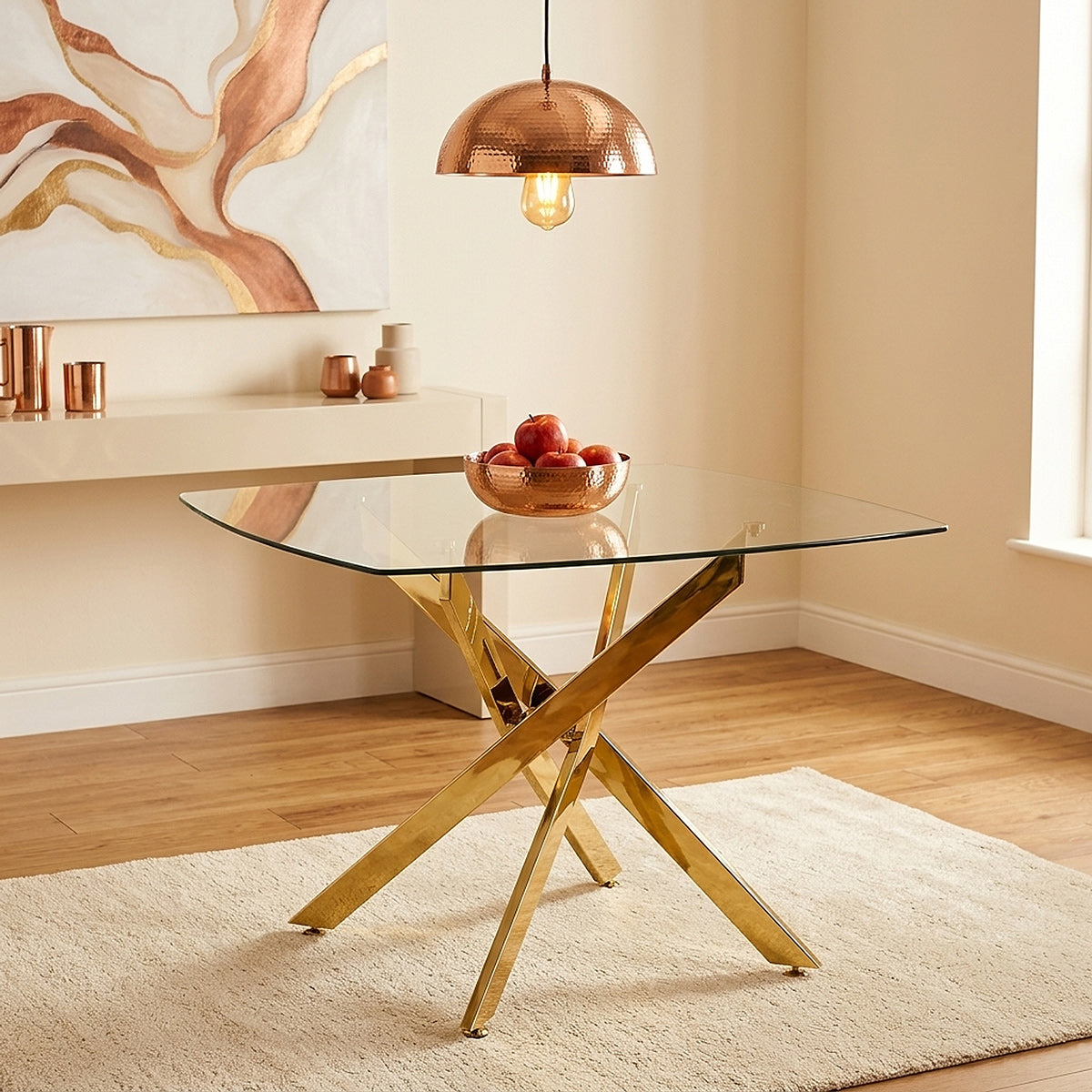 Echo 100cm Gold Glass Table & 4 Mollie Faux Leather Chairs Dining Set