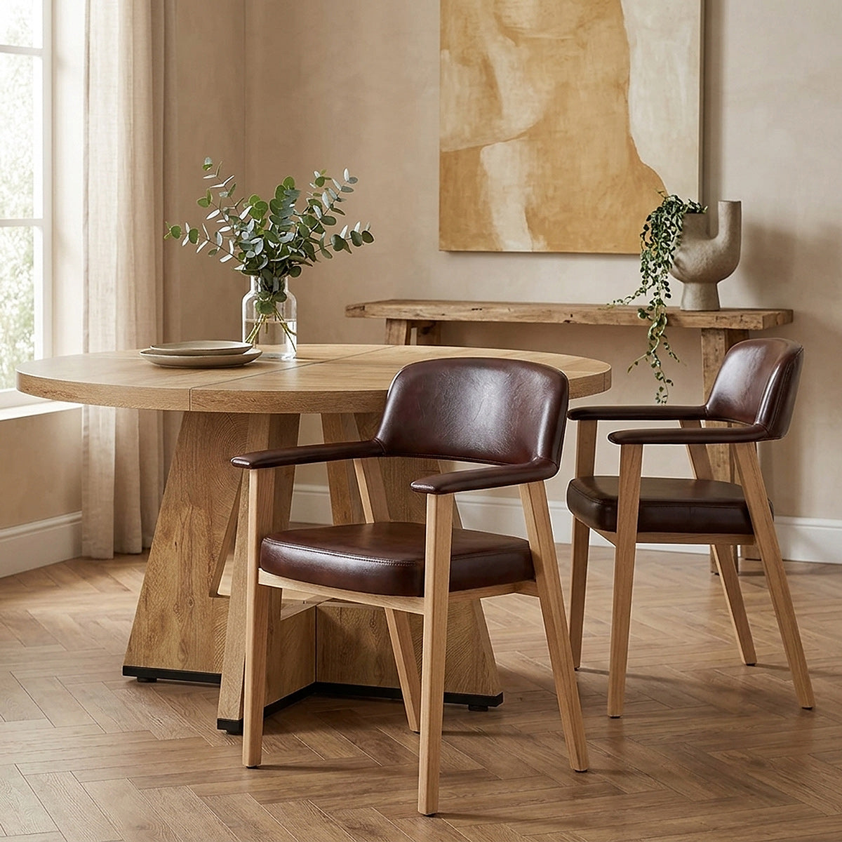 Elba Oak Real Leather Chair Antique Brown