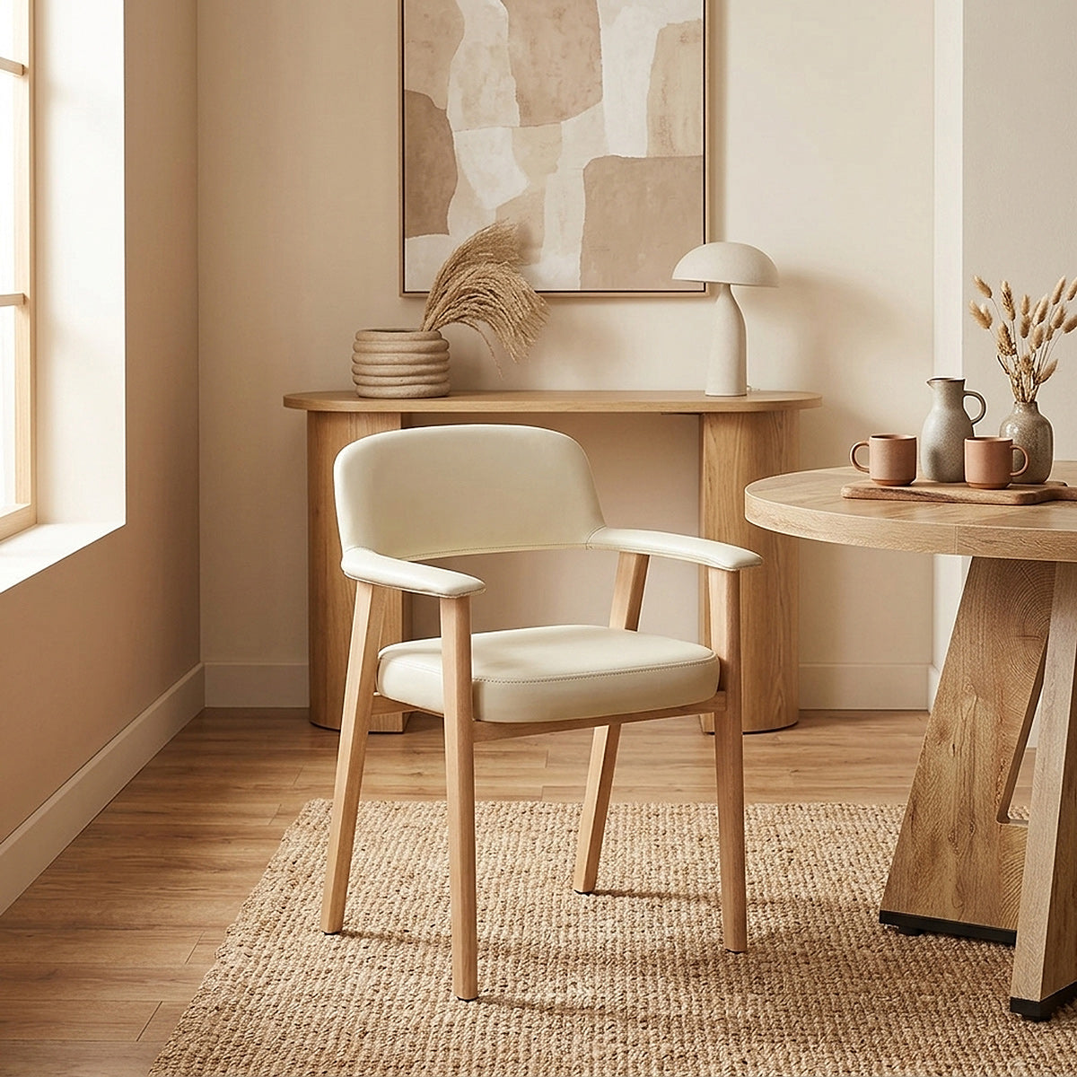 Elba Oak Real Leather Chair Cream